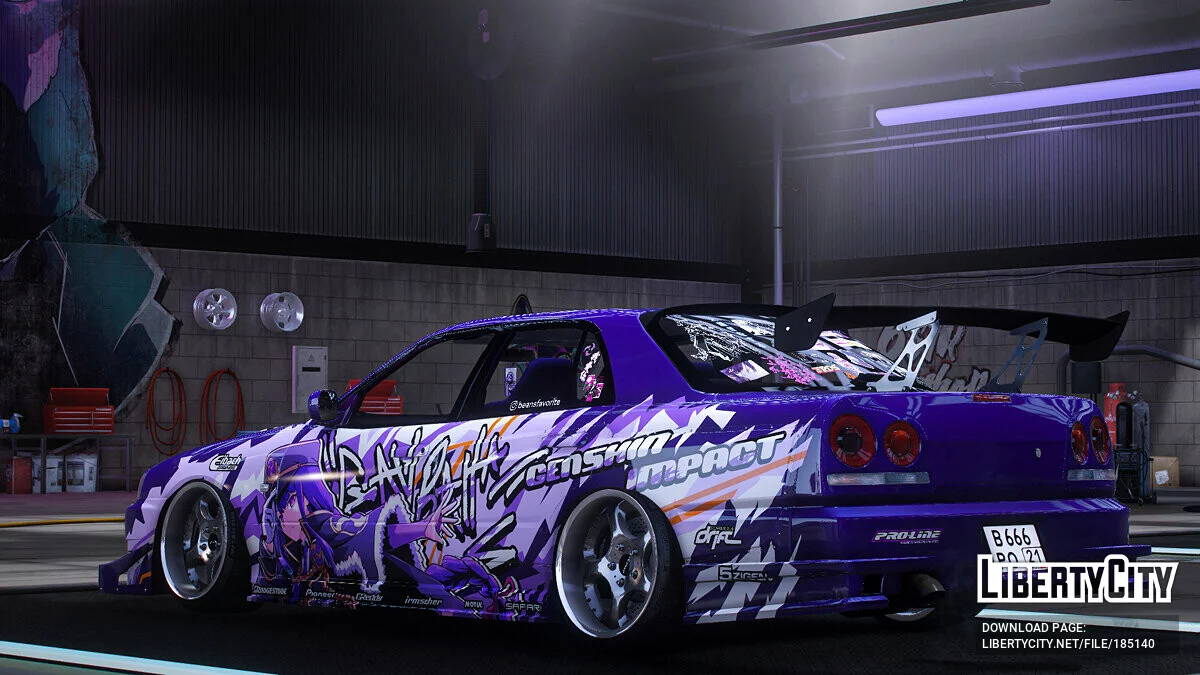 [Itasha] URAS-SKYLINE ER34 "Genshin Impact" shogun raiden paintjob 1.1 / GTA 5