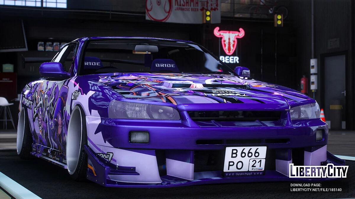 [Itasha] URAS-SKYLINE ER34 "Genshin Impact" shogun raiden paintjob 1.1 / GTA 5